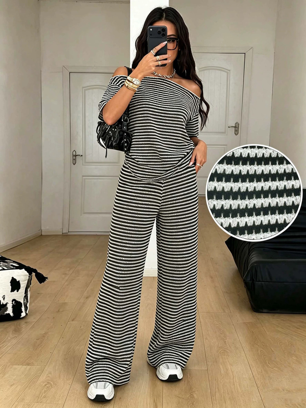ZARA BlackWhiteStriped Off Shoulder Short Sleeve Top Wideleg Pants Slimming Set